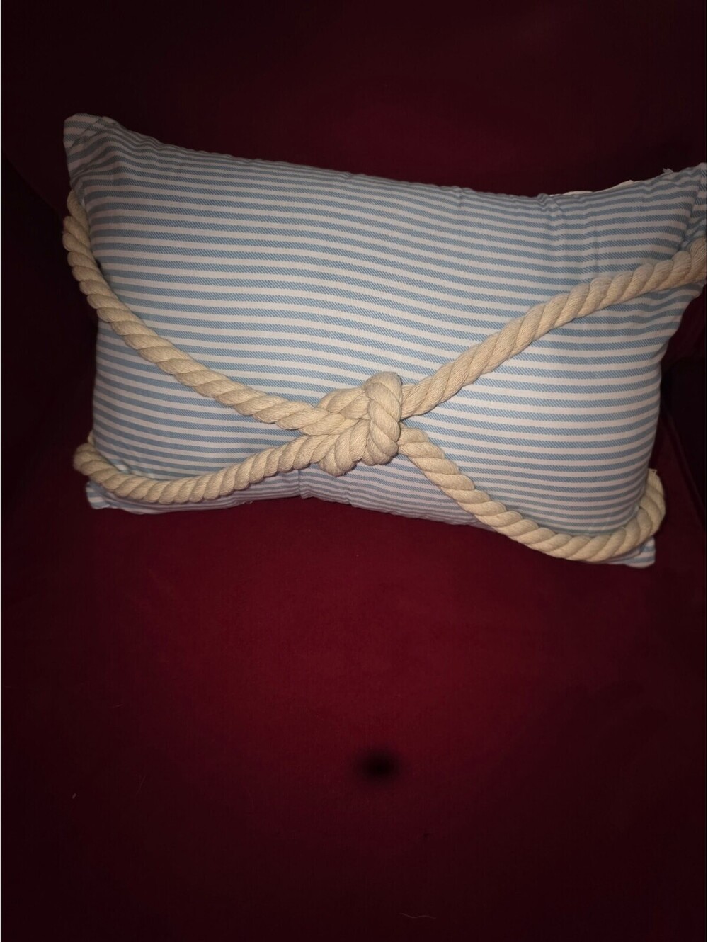 Nautical Blue and White Striped Decorative Pillow with Rope Accent